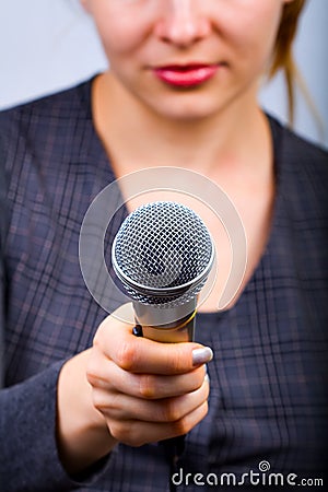 Reporter taking interview or opinion poll Stock Photo