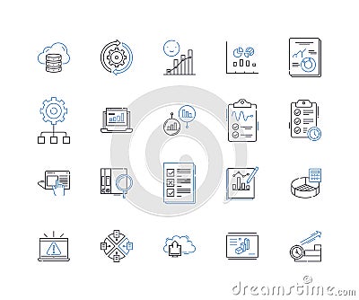Reports and hardware line icons collection. Analytics, Benchmarking, Dashboards, Data, Diagnostics, Evaluation, Feedback Vector Illustration