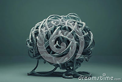 Representation of a cluttered mind with tangled wires shaped like a brain in a subdued environment. Generative AI Stock Photo
