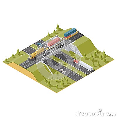 Representation Infographic Railway bridge over the highway isometric low poly icon set Vector Illustration