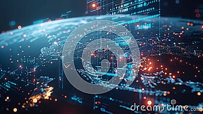 Representation of interconnected data points and secure networks on a digital globe reflecting a global security concept. Stock Photo