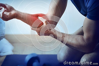 Representation of pain in the forearm in red on blue Stock Photo