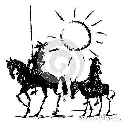 A representation of silhouettes of Don Quixote and Sancho Panza Vector Illustration