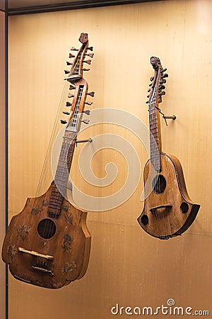 The Represents an exposition of the history of antique musical instruments in the Bavarian National Museum in Munich. Editorial Stock Photo