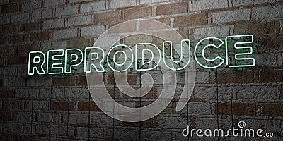 REPRODUCE - Glowing Neon Sign on stonework wall - 3D rendered royalty free stock illustration Cartoon Illustration