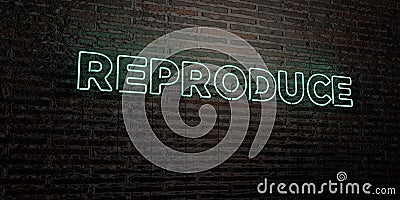 REPRODUCE -Realistic Neon Sign on Brick Wall background - 3D rendered royalty free stock image Stock Photo