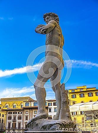 Reproduction of Michelangelo statue David in front of Palazzo Vecchio in Florence Stock Photo