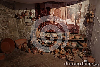 Reproduction of Nasrid ceramics inside the Alcazaba of Malaga. Palatial fortification from the Islamic era built in the 11th centu Editorial Stock Photo