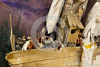 Reproduction of Noahs Ark created with toy animals Stock Photo