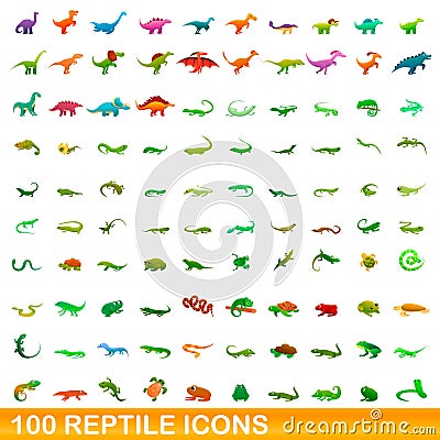100 reptile icons set, cartoon style Vector Illustration