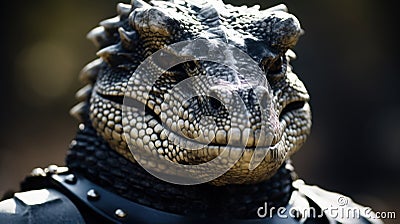 a reptile wearing a leather collar Stock Photo
