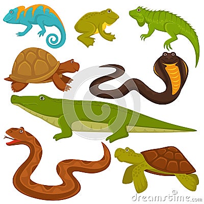 Reptiles and reptilian animals turtle, crocodile or chameleon and lizard snake flat vector icons Vector Illustration