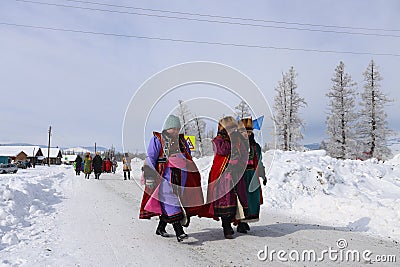 republic Altay people celibrate new year FEB 24-2020 in traditionally reindeer herders camp on the background near Russia Editorial Stock Photo