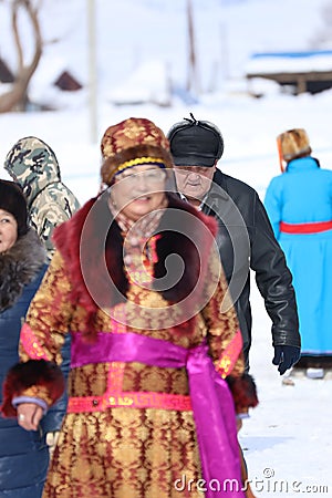 republic Altay people celibrate new year FEB 24-2020 in traditionally reindeer herders camp on the background near Russia Editorial Stock Photo