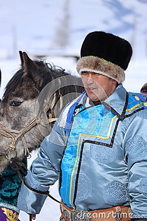 republic Altay people celibrate new year FEB 24-2020 in traditionally reindeer herders camp on the background near Russia Editorial Stock Photo