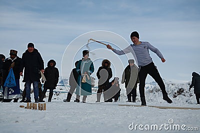 republic Altay people celibrate new year FEB 24-2020 in traditionally reindeer herders camp on the background near Russia Editorial Stock Photo