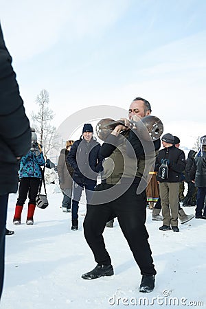 republic Altay people celibrate new year FEB 24-2020 in traditionally reindeer herders camp on the background near Russia Editorial Stock Photo