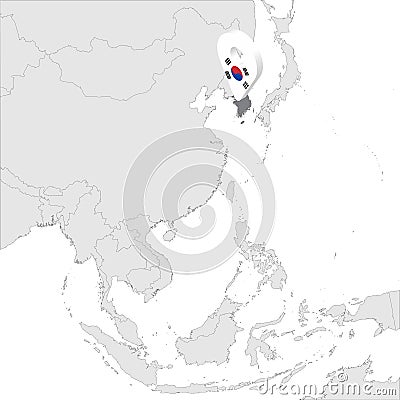 The Republic of Korea Location Map on map Asia. 3d Republic of Korea flag map marker location pin. High quality map of Republic o Vector Illustration