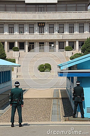 Republic of Korea soldiers stand guard at the border with North Korea in the Joint Security Area Panmunjeom Editorial Stock Photo