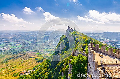 Republic San Marino Seconda Torre La Cesta second fortress tower with brick walls on Mount Titano stone rock Stock Photo