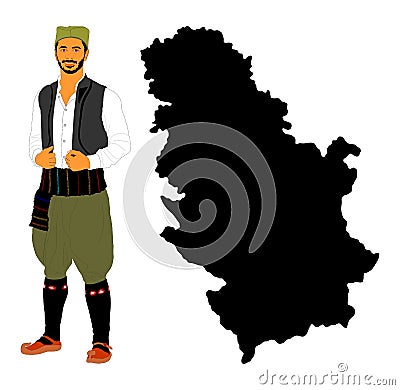 Republic of Serbia vector map silhouette. Portrait of a man in traditional Serbian dress vector. Cartoon Illustration