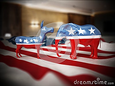 Republican and Democrat party political symbols elephant and donkey on American flag. 3D illustration Cartoon Illustration