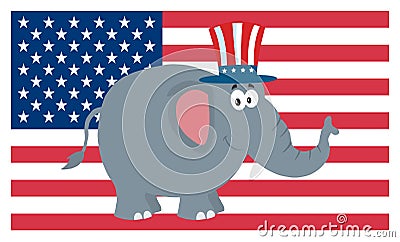 Republican Elephant Cartoon Character With Uncle Sam Hat Over USA Flag Editorial Stock Photo