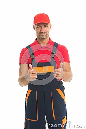 Reputable master. Easy and quick. Handyman service. Man helpful laborer. Repair and renovation. Guy worker uniform Stock Photo