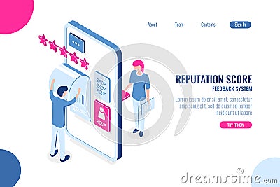 Reputation score isometric concept, opinion with star on mobile phone app, feedback, ux ui desing, application Vector Illustration