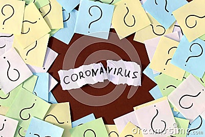 Sheets with a question mark are thrown around and in the middle there is paper with the inscription coronavirus. Stock Photo