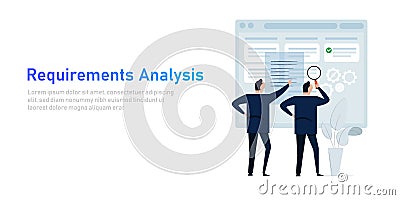 Requirement analysis in business or system development creating software requirement and specification describing user Vector Illustration