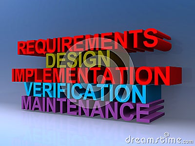 Requirements design implementation verification maintenance on blue Stock Photo