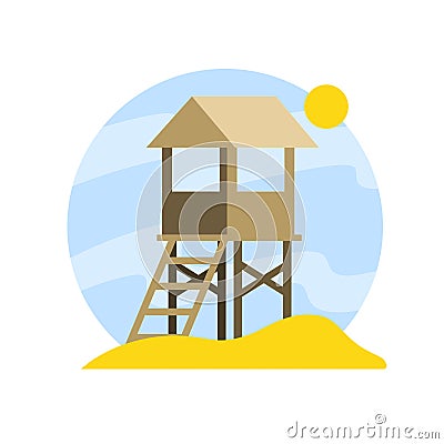 Rescue beach tower. Sea life guard tower. Beach lifeguard house Vector Illustration