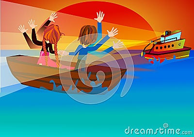 The Rescue Boat is coming Cartoon Illustration