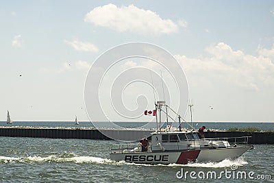 Rescue boat in harbor Stock Photo