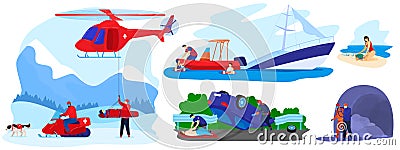 Rescue disaster vector illustration flat set, cartoon rescuer team save injured character from accident, rescuing life Vector Illustration