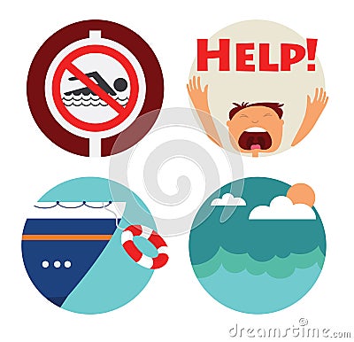 Rescue of drowning man icons. Prohibition Vector Illustration