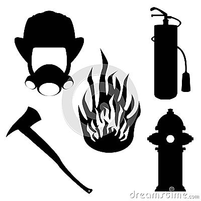 Rescue firefighters equipment SET. Silhouette of gear in Black color Stock Photo