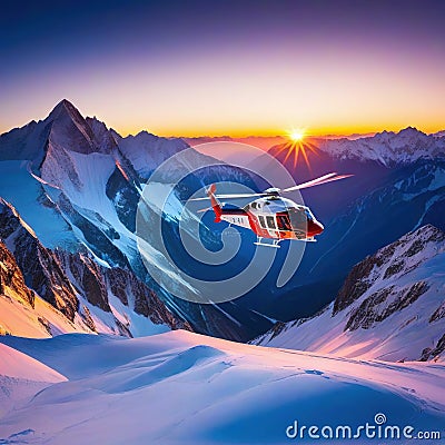 rescue helicopter flying in the sky above the high mountain Cartoon Illustration