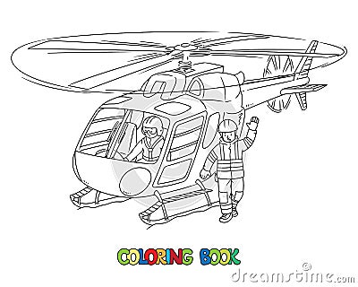 Rescue helicopter and lifeguard. Coloring book Vector Illustration