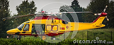 rescue helicopter ready to intervene (118 Italian health emergency number) image from Treviso hospital. Stock Photo