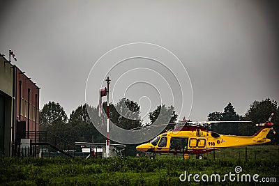 rescue helicopter ready to intervene (118 Italian health emergency number) image from Treviso hospital. Stock Photo