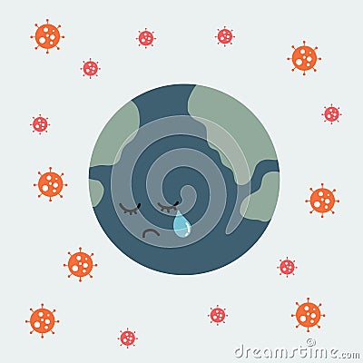 Coronavirus attacking the earth, earth crying cartoon Vector Illustration