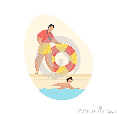 Rescue service pool. Man with lifebuoy watches child swimming in basin Vector Illustration