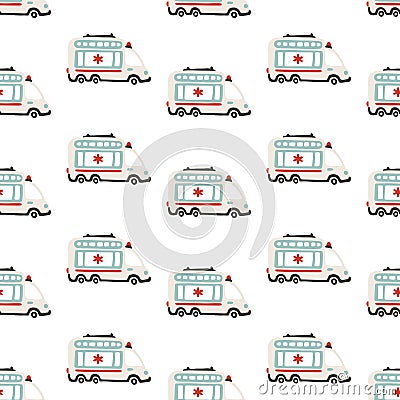 Rescue services. Ambulance cars seamless pattern. Vector childish illustration in scandinavian simple hand-drawn style. The Cartoon Illustration