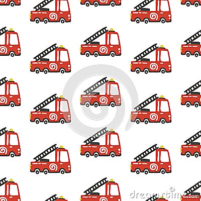 Rescue services. Fire engine cars seamless pattern. Vector childish illustration in scandinavian simple hand-drawn style. The Cartoon Illustration