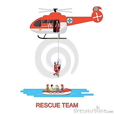 Rescue team with rescue helicopter and boat rescue . Vector Illustration