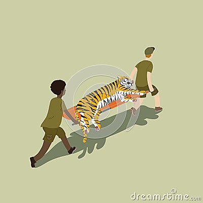 Animal rescue team carrying injured tiger on stretcher, taking it to safety. Vector Illustration