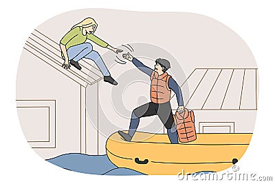 Rescuer on boat help people from flooded house Vector Illustration