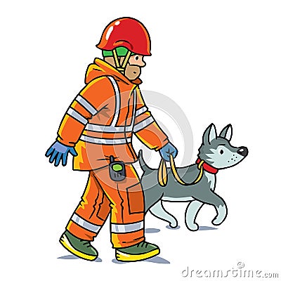 Rescuer with cadaver dog. Lifeguard vector cartoon Vector Illustration